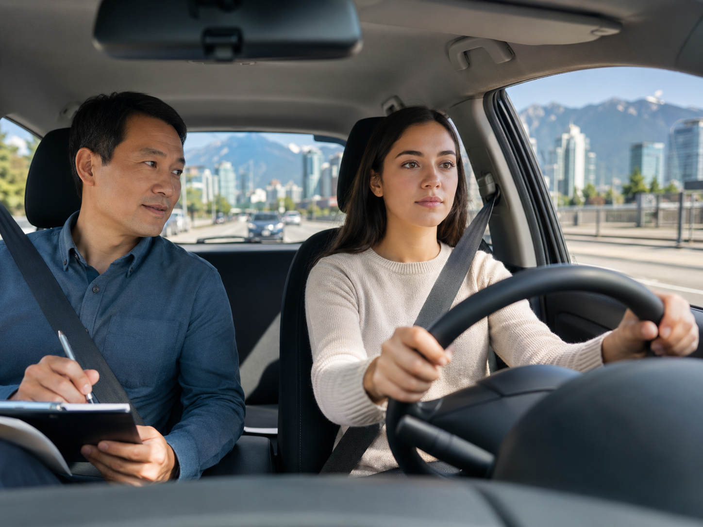 Driving instructor helping student near Vancouver waterfront and skyline